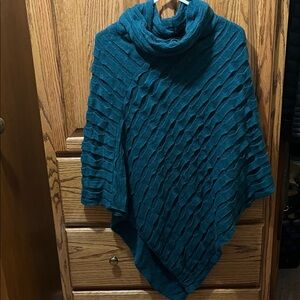 Textured Teal Knit Poncho with Cowl Neck